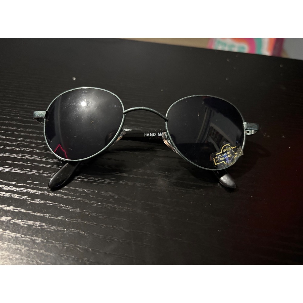 Handmade Round Sunglasses Metallic Green Frame UV400 Dark Tint Retro Boho Style